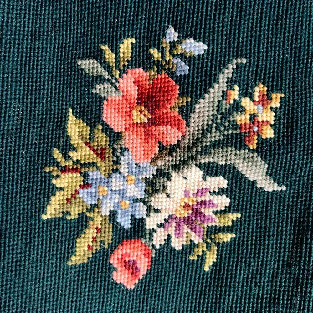 Vintage 60s Emerald Green Floral Needlepoint Panel Art Cottagecore Embroidered